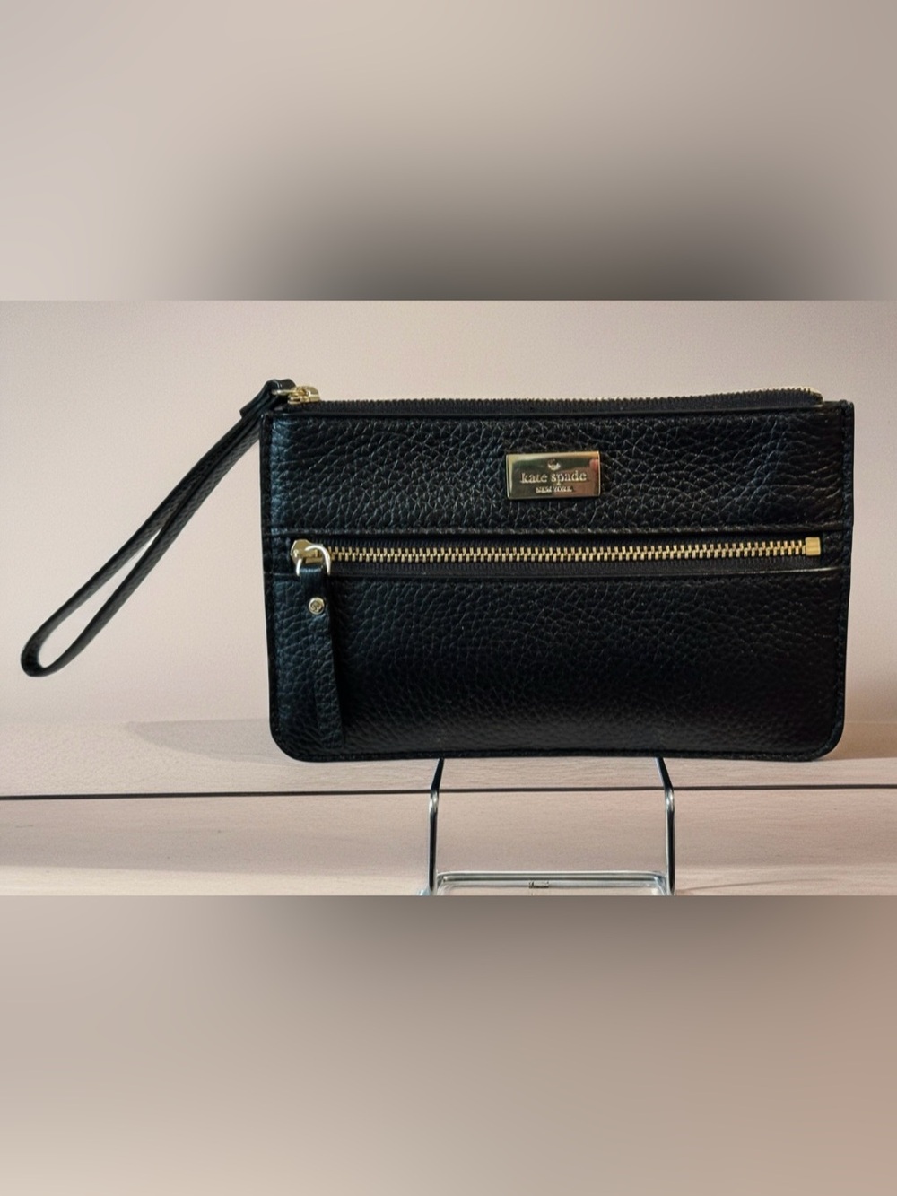 kate spade vintage Black Pebbled Leather Wristlet with Gold Hardware